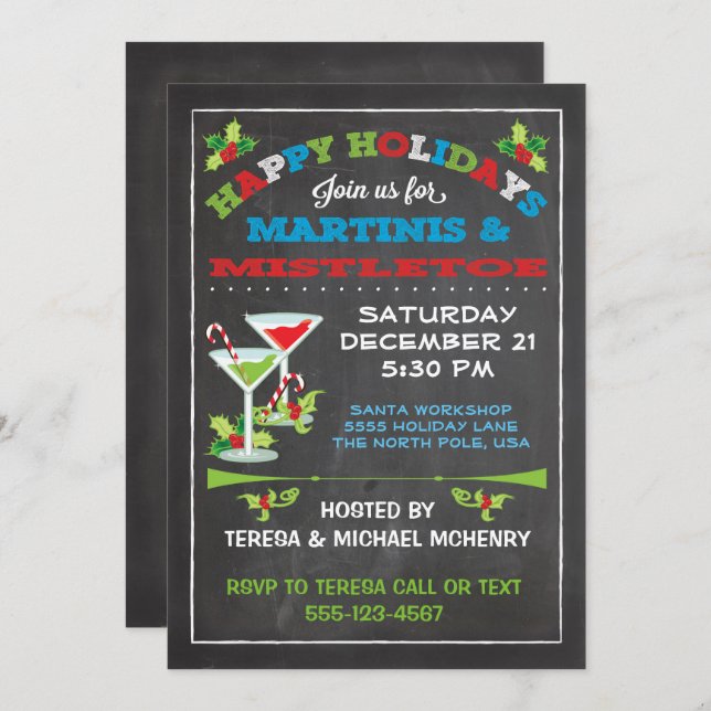 Invitación Navidades de Chalkboard Mistletoe y FIESTA de Mart (Anverso / Reverso)