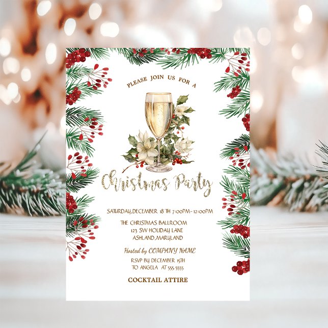 Invitación Navidades de Champagne Holly Berry Poinsettia (Subido por el creador)