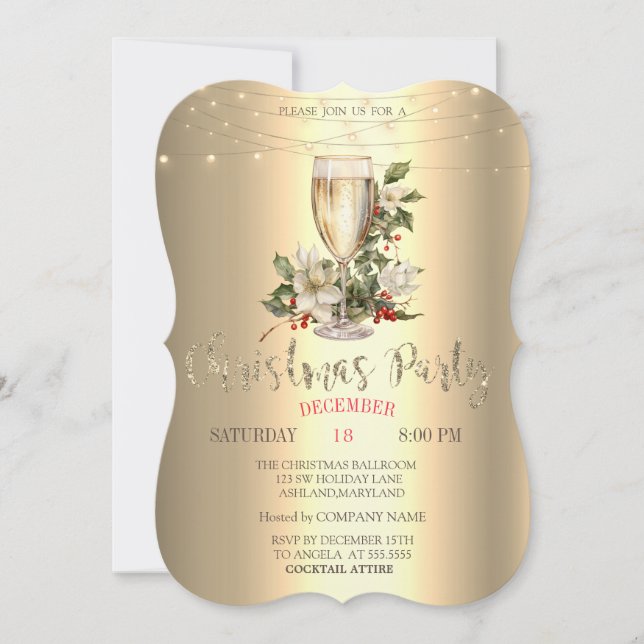 Invitación Navidades de Champagne, Poinsettia y Holly Berry G (Anverso)