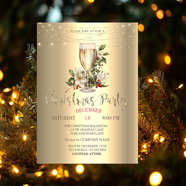 Invitación Navidades de Champagne, Poinsettia y Holly Berry G (Subido por el creador)