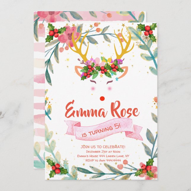 Invitación Navidades de Chicas de renos Cumpleaños (Anverso / Reverso)