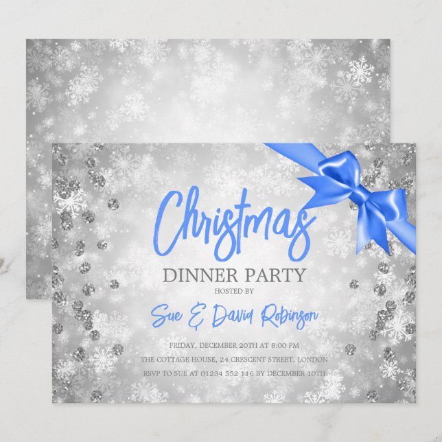 Invitación Navidades de cinta azul Purpurina de diamantes de  (Anverso / Reverso)
