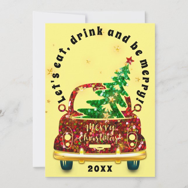 Invitación Navidades de coches rojos Brunch Cena Árbol Oro Am (Reverso)