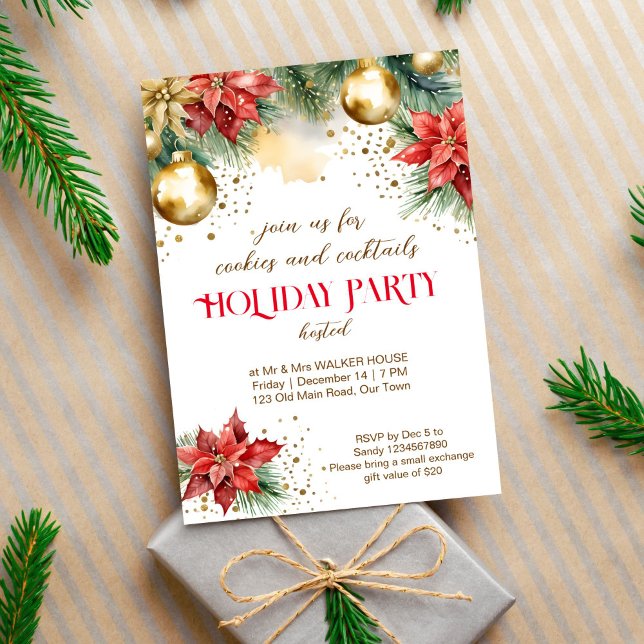 Invitación Navidades de cocina y cócteles fiesta (Cookies and cocktails Christmas holiday party editable template invitation digital download gold red)