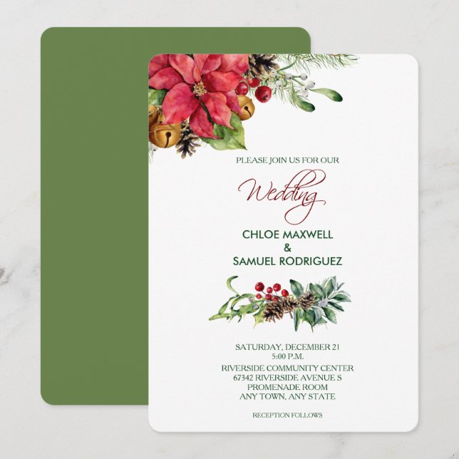 Invitación Navidades de color suave Poinsettia Bells (Anverso / Reverso)