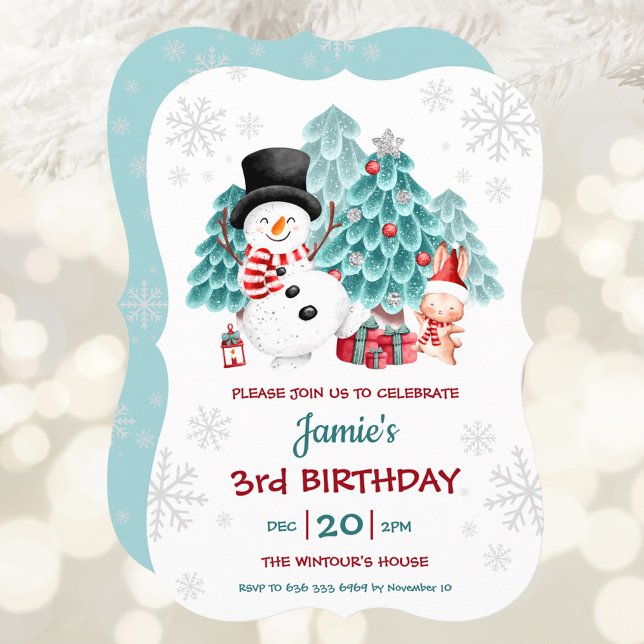 Invitación Navidades de conejo y muñecos de nieve, fiesta de  (Cute Snowman and Bunny Christmas Birthday Party Invitation)