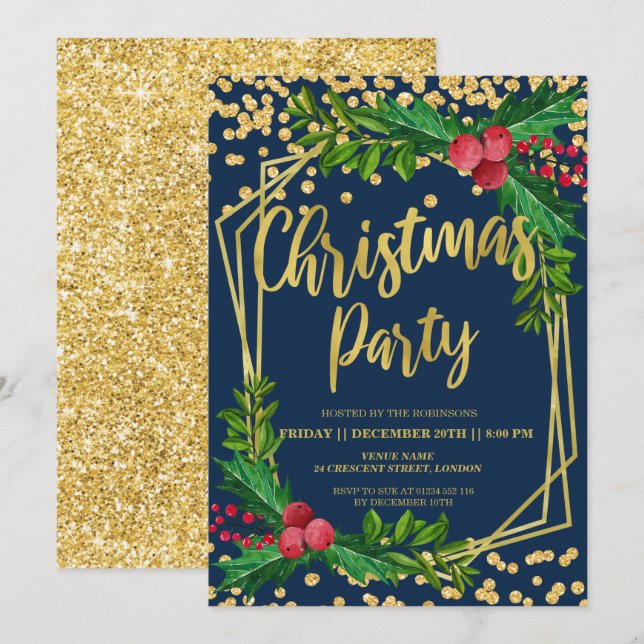 Invitación Navidades de Confetti Purpurina Holly de la Marina (Anverso / Reverso)