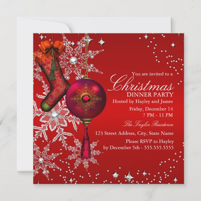 Invitación Navidades de copas de nieve de cristal rojo Fiesta (Anverso)