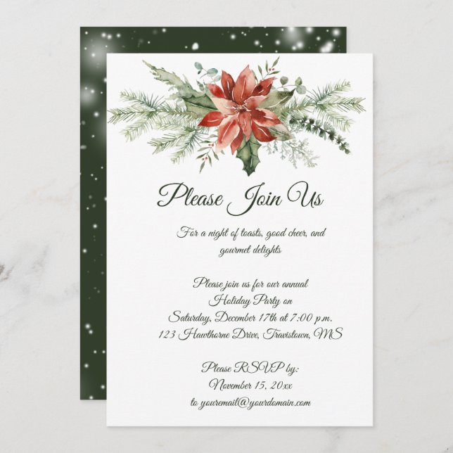 Invitación Navidades De Copas De Nieve De Poinsettia Roja Fie (Anverso / Reverso)