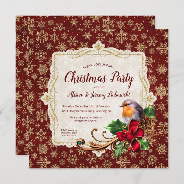 Invitación Navidades de copas de nieve de Robin y Purpurina d (Anverso / Reverso)