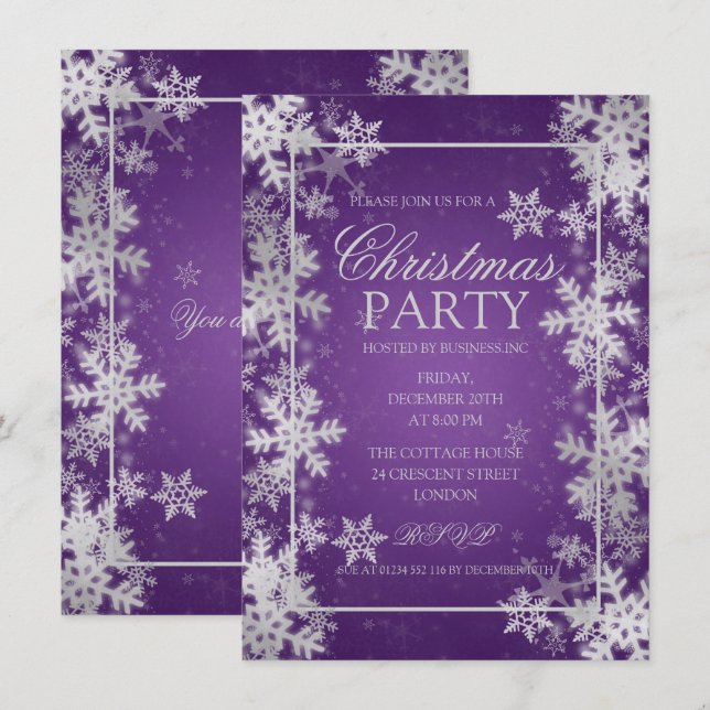 Invitación Navidades de copas de nieve Relieve metalizado púr (Anverso / Reverso)