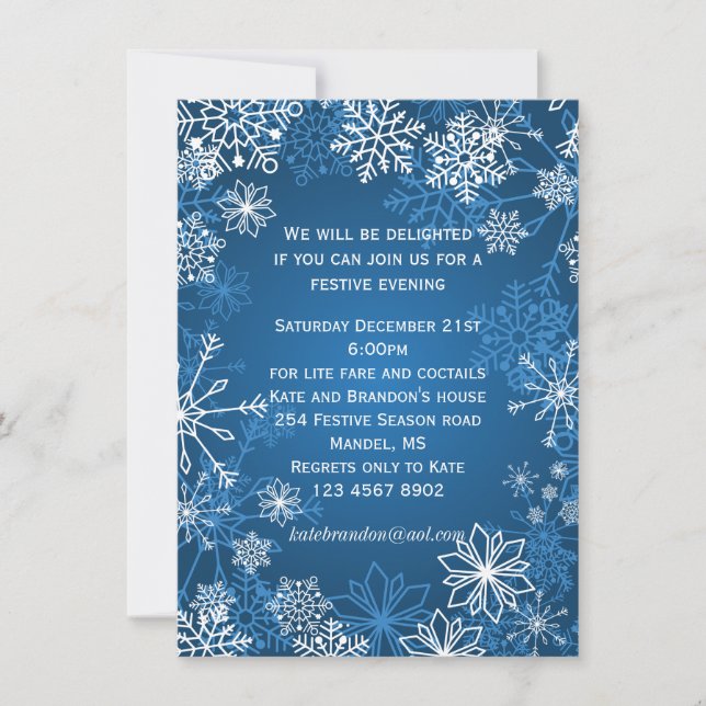 Invitación Navidades de copos de nieve azules y blancos Fiest (Anverso)