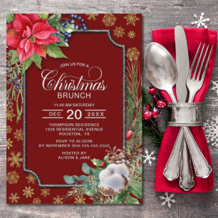 Invitación Navidades de copos de nieve con flores de Poinsett