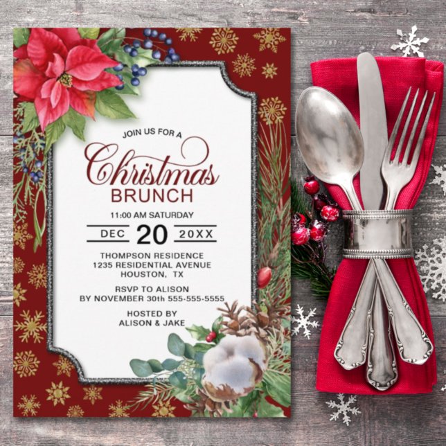 Invitación Navidades de copos de nieve de oro de Poinsettia R (Subido por el creador)