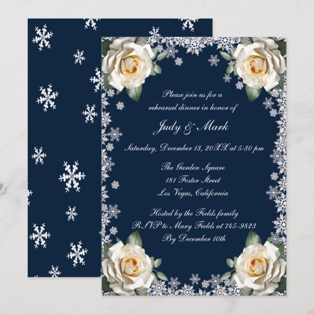 Invitación Navidades de copos de nieve de rosas blancas ensay (Anverso / Reverso)