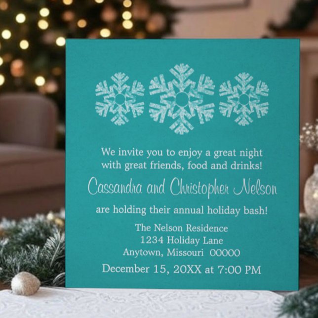 Invitación Navidades de copos de nieve de vacaciones Fiesta,  (Teal Holiday Snowflakes Christmas Party Invitation)