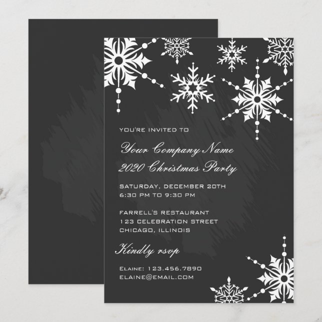 Invitación Navidades de copos de nieve negros y blancos/fiest (Anverso / Reverso)