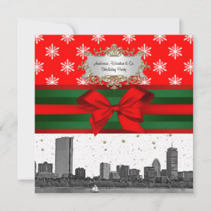 Invitación Navidades de copos de nieve rojos en el Skyline de