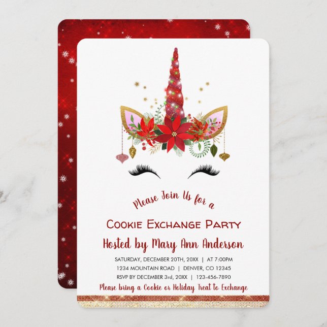 Invitación Navidades de Cute Unicornio Fiesta de intercambio  (Anverso / Reverso)