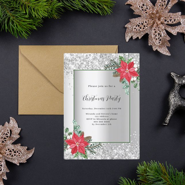 Invitación Navidades de decoración de flores rojas plateadas  (Subido por el creador)