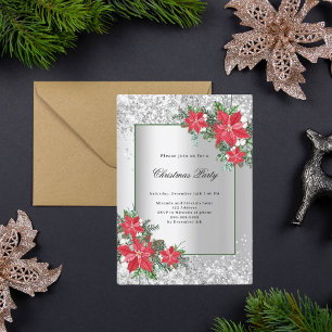 Invitación Navidades de decoración de flores rojas plateadas 