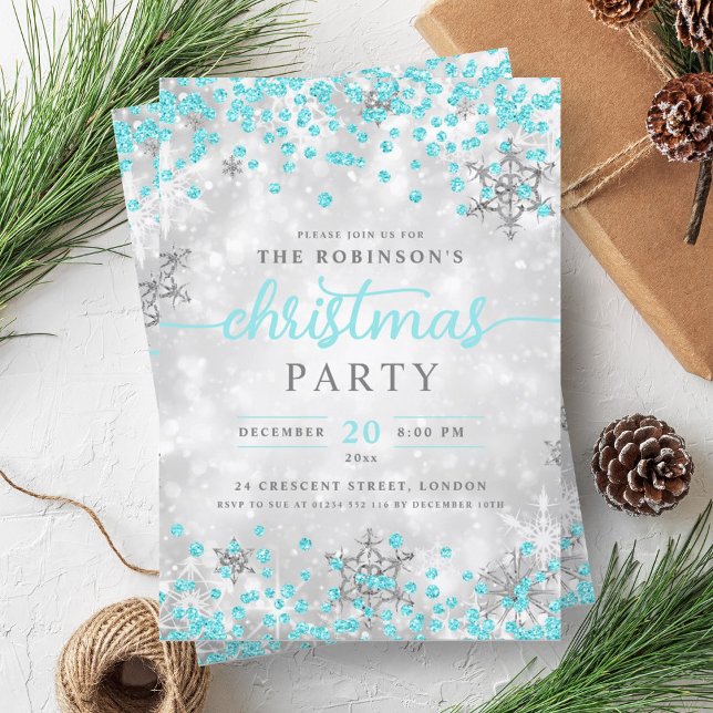 Invitación Navidades de diamantes de invierno de plata turque (Silver Winter Diamonds Christmas Turquoise Invitation)
