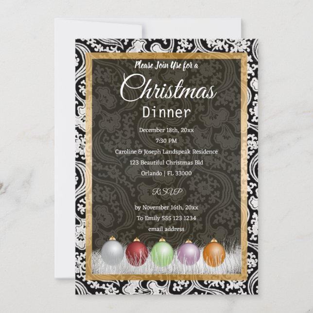 Invitación Navidades de encaje blanco y negro (Anverso)