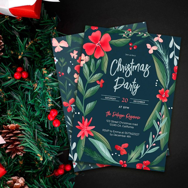 Invitación Navidades de estampado floral verde rojo (Subido por el creador)