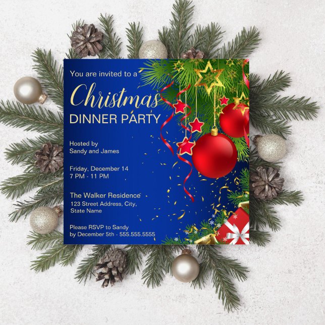 Invitación Navidades de estrellas de baubles rojos azules (Royal blue red green baubles stars Christmas party editable template Invitation digital download)