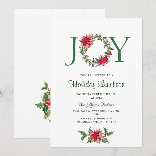 Invitación Navidades de feriado de Holly Wreath en el almuerz (Anverso / Reverso)