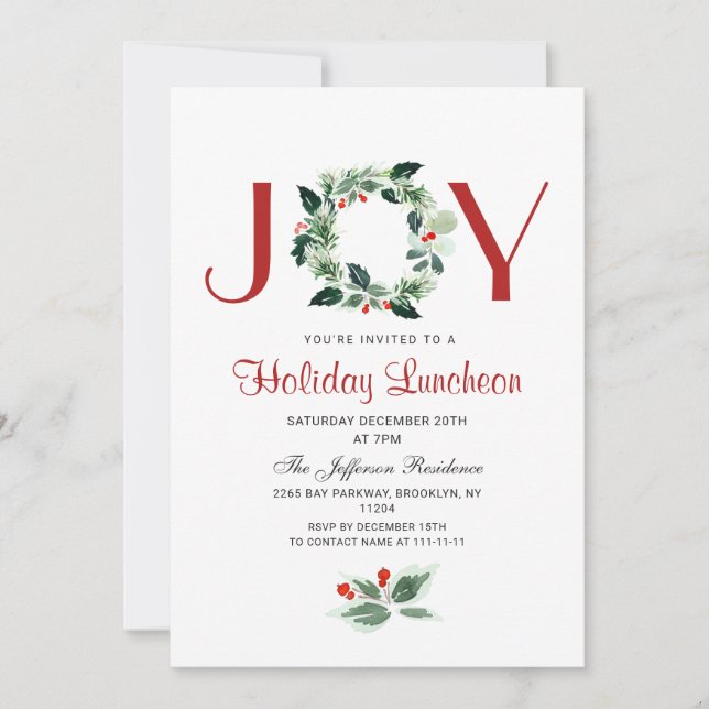Invitación Navidades de feriado de Holly Wreath en el almuerz (Anverso)