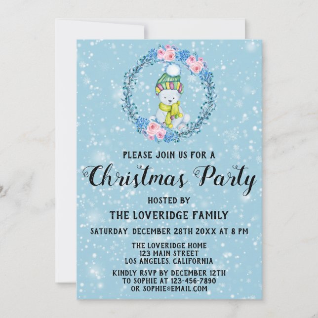 Invitación Navidades de festividad de oso lindo Fiesta Nieve  (Anverso)