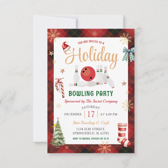 Invitación Navidades de Fiestas de boliche de vacaciones rojo (Anverso)
