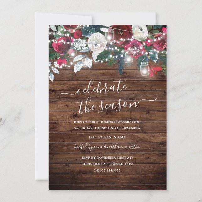 Invitación Navidades de Floral Rustic Wood Burgundy (Anverso)