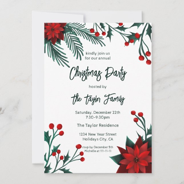 Invitación Navidades de floral verde rojo Wreath Pattern Invi (Anverso)