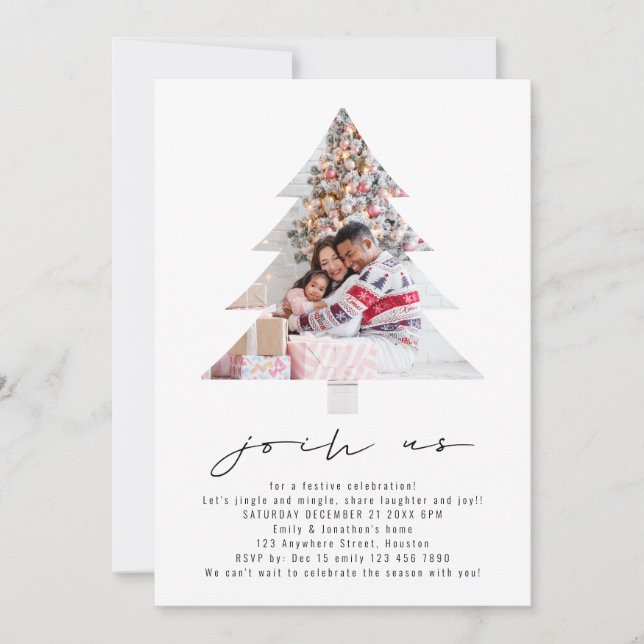 Invitación Navidades de forma de árboles fotográficos minimal (Anverso)