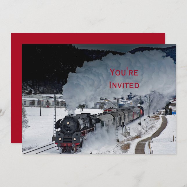 Invitación Navidades de fotografía de nieve de la locomotora  (Anverso / Reverso)