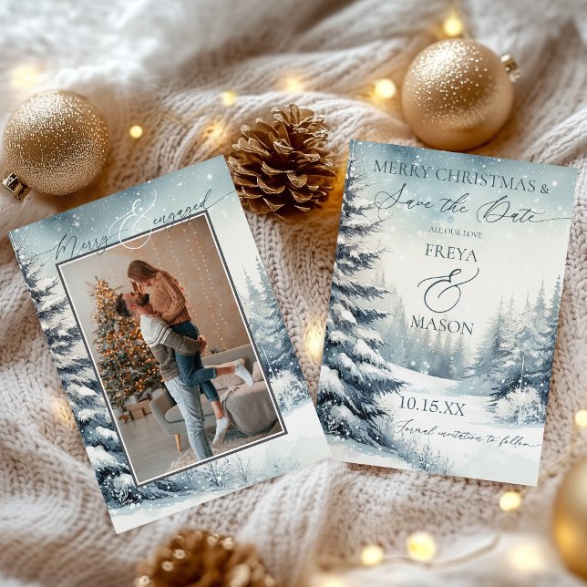 Invitación Navidades de fotografía guardan la fecha (Merry and Engaged Photo Christmas Save the Date Card)