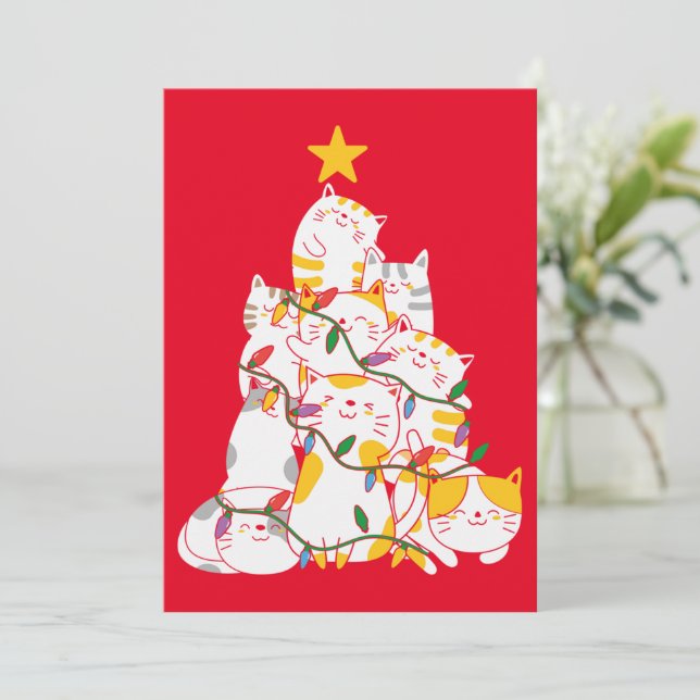 Invitación Navidades de gatos divertidos en árboles de Navida (Anverso de pie)