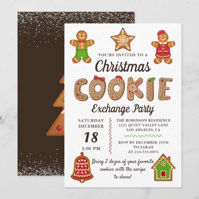 Invitación Navidades de Gingerbread Fiesta de Cookie Exchange (Anverso / Reverso)