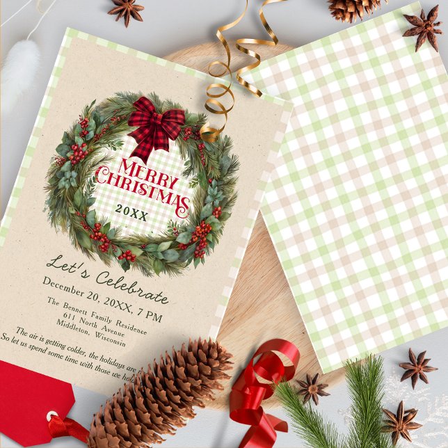 Invitación Navidades de Gingham Green Red Wreath Farmhouse (Subido por el creador)