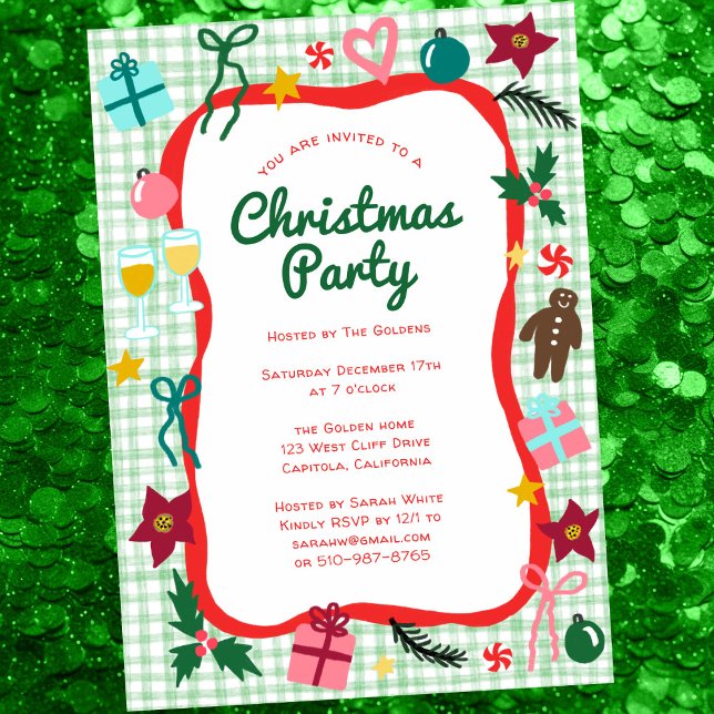 Invitación Navidades de Gingham Quirky PERSONALIZADO Fiesta (Gingham Christmas Quirky Whimsical CUSTOM Party Invitation
)