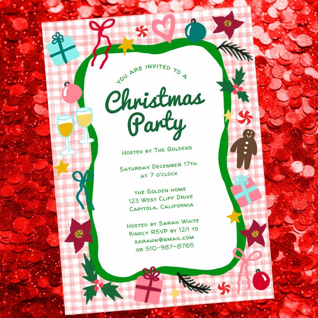 Invitación Navidades de Gingham Quirky PERSONALIZADO Fiesta (Gingham Christmas Quirky Whimsical Doodle CUSTOM Holiday Party Invitation
)