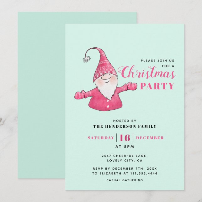 Invitación Navidades de Gnome Mint Green y Rosa Cute (Anverso / Reverso)