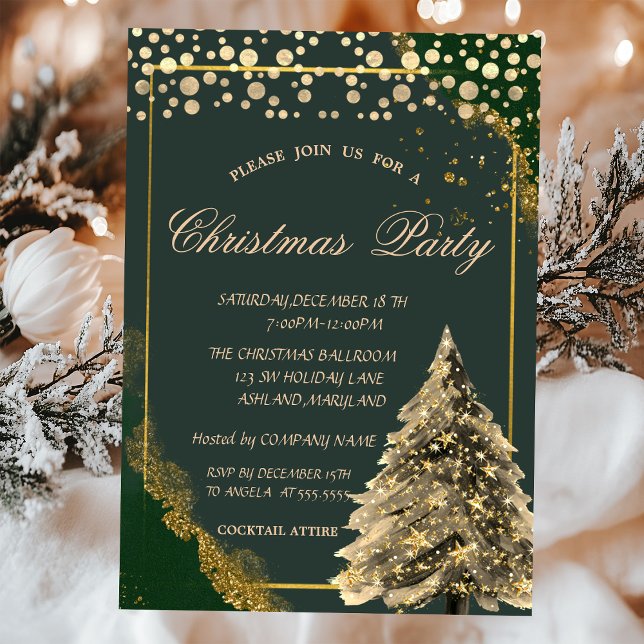 Invitación Navidades de Gold Pine Tree, Dots Green Company Fi (Subido por el creador)