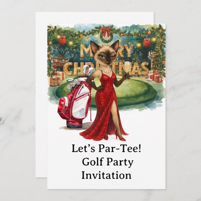 Invitación Navidades de golf Fiesta con Gato poniendo verde (Anverso / Reverso)