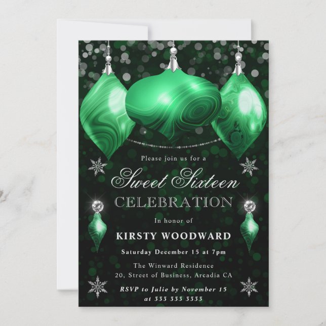 Invitación Navidades de Green Agate Baubles Sweet 16 (Anverso)