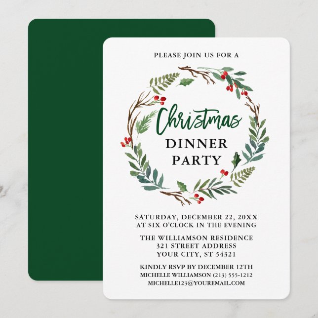 Invitación Navidades de guión de pincel Fiesta Wreath de colo (Anverso / Reverso)