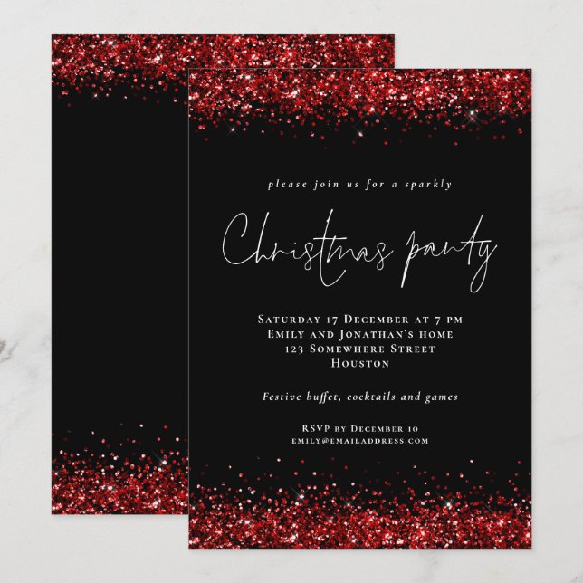 Invitación Navidades de guiones Purpurinas rojos festivos Fie (Anverso / Reverso)