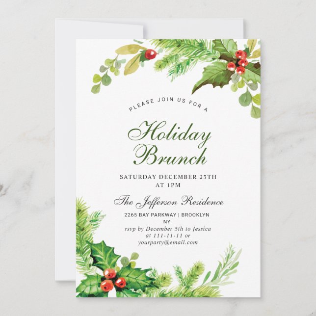 Invitación Navidades de Holiday Brunch Red Holly Berry (Anverso)